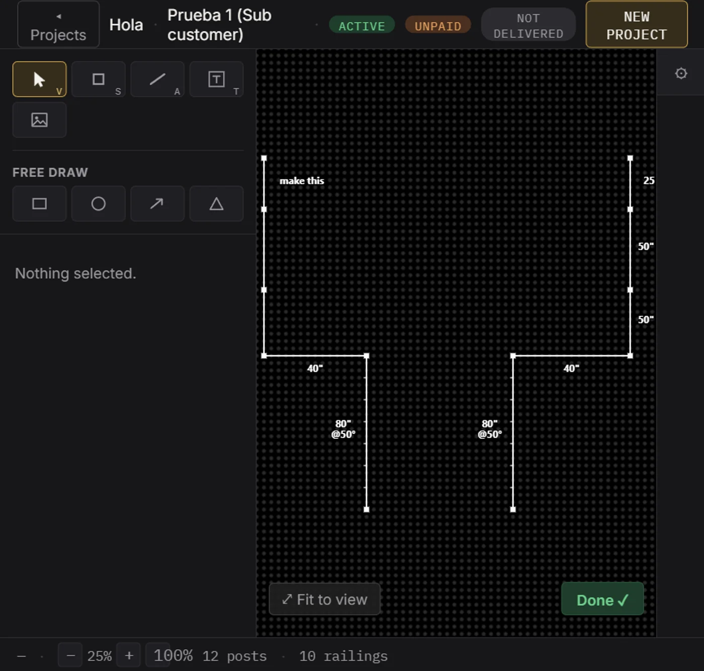 Railframe's drawing tool — a railing job laid out with posts, sections, and measurements