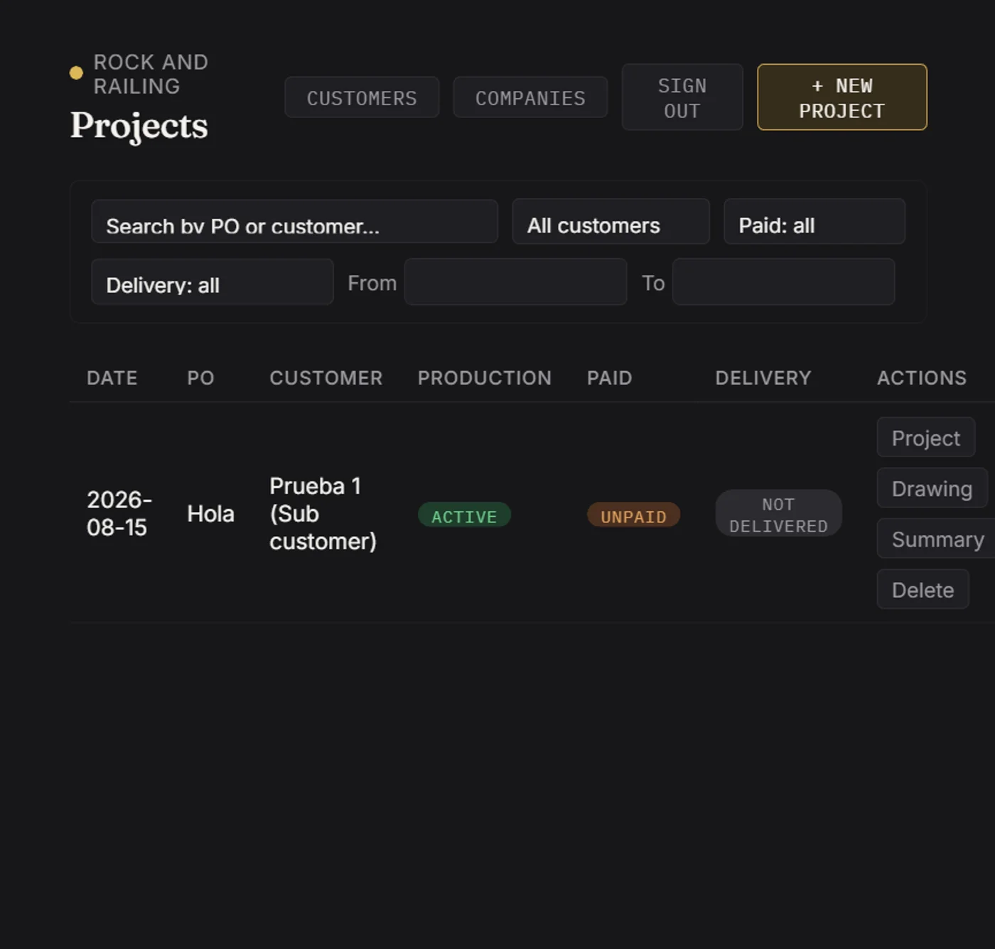 Railframe project list — every job with its production, payment, and delivery status