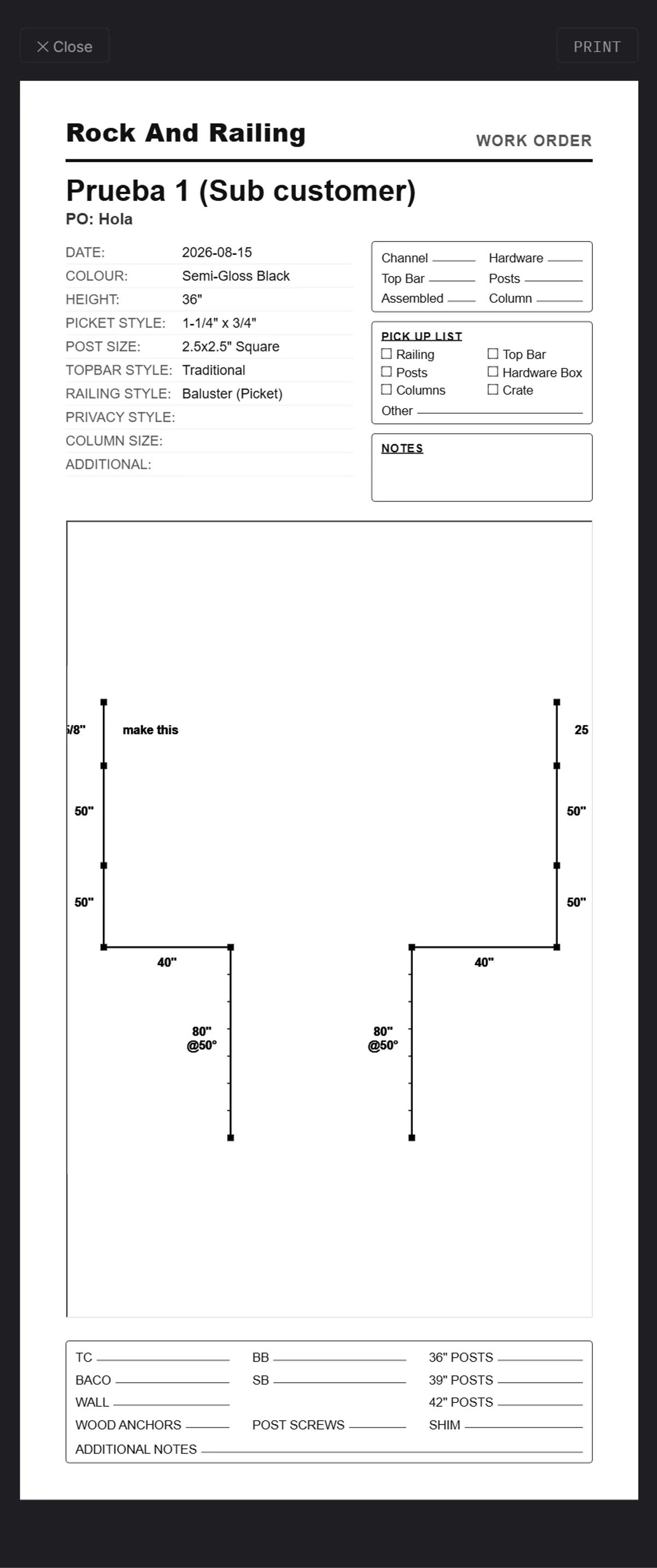 Railframe printable work order — customer, spec, and the drawing, ready for the shop floor